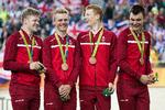Danmarks bronzevindende kvartet i 4 km holdforfølgelsesløb ved OL i Rio, fra højre Casper Folsach, Frederik Rodenberg, Niklas Larsen og Lasse Norman. Nu fortsætter de tre førstnævnte sammen med sølv- og bronzevinderen fra VM i samme disciplin Julius Johansen fra næste sæson deres landevejskarrierer i norsk tjeneste.
 Foto: Gregers Tycho/POLFOTO
