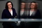  Andrea Nahles, der her holder tale iForbundsdagen nåede 13 måneder som formand for kriseramte SPD. Foto: John Macdougall/Ritzau Scanpix