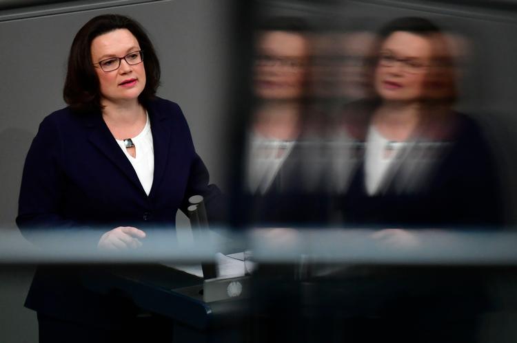  Andrea Nahles, der her holder tale iForbundsdagen nåede 13 måneder som formand for kriseramte SPD. Foto: John Macdougall/Ritzau Scanpix