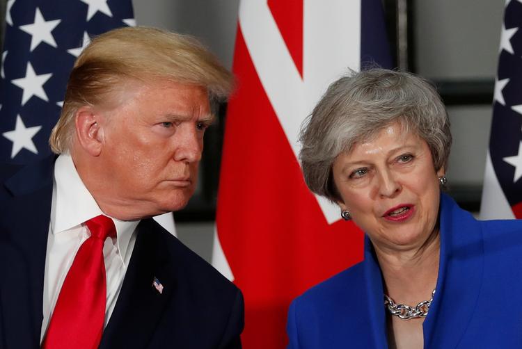 Ordene faldt på et pressemøde mellem Donald Trump og den snart afgående premierminister, Theresa May. Foto: Carlos Barria/Ritzau Scanpix