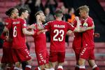 Danmarks Kasper Dolberg har scoret til 1-0 og der jubles.
   Foto: Jens Dresling/POLFOTO