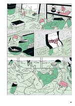 Moa Romanova finder gang på gang nye og overbevisende måder at skildre sine personers sindstilstand på: Mens Moa ligger i sengen, oversvømmer en grøn flodbølge lejligheden.  Foto: Illustration fra bogen