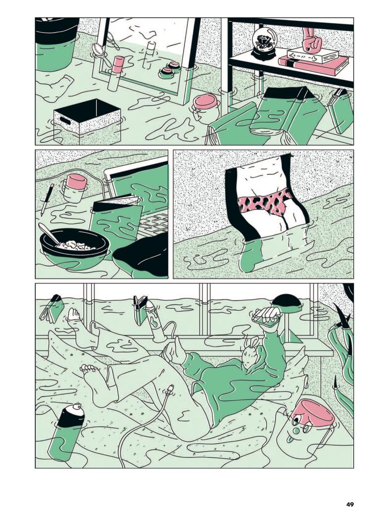 Moa Romanova finder gang på gang nye og overbevisende måder at skildre sine personers sindstilstand på: Mens Moa ligger i sengen, oversvømmer en grøn flodbølge lejligheden.  Foto: Illustration fra bogen