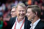 Åge Hareide og  Jon Dahl Tomasson før EM-kvalifikationkampen mellem Danmark og  Georgien  Parken mandag aften. Dagen efter fik de besked om, at de er færdige med landsholdet, når deres kontrakter med DBU udløber i sommeren næste år.
   Foto: Liselotte Sabroe/Ritzau Scanpix