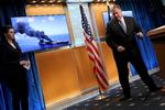 USA's udenrigsminister, Mike Pompeo, på pressemødet, hvor han gav Iran skylden for angreb på to olietankere.  Foto: Win Mcnamee/Ritzau Scanpix