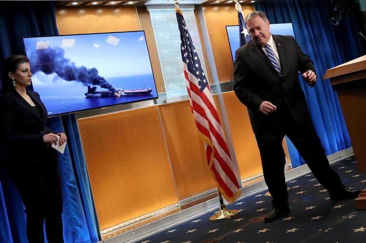 USA's udenrigsminister, Mike Pompeo, på pressemødet, hvor han gav Iran skylden for angreb på to olietankere.  Foto: Win Mcnamee/Ritzau Scanpix
