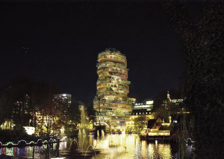 En computerskabt model af den 70 meter høje bygning, som Bjarke Ingels Group planlægger at bygge ved H.C. Andersen Slottet i Tivoli. Bygningen skal både indeholde restauranter, hotel og beboelse. Visualisering:  BIG