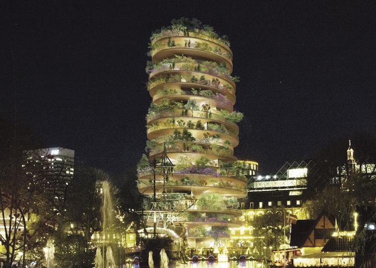 Som det fremgår af denne computerskabte visualisering af Bjarke Ingels arkitekters forslag til et nyt højhus i Tivoli, skal der være store træer på balkonerne. Men hvorfor skjule et flot hus bag grøn staffage, spørger arkitekturredaktøren. 
