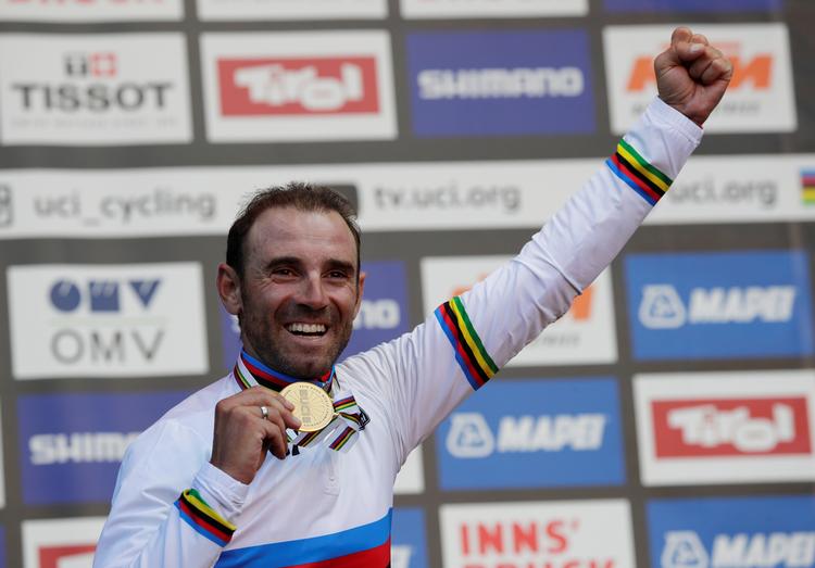 Spanieren Alejandro Valverde er  tilbage og kunne i dag juble over den anden sejr i VM-trikoten. Foto: Heinz-peter Bader/Ritzau Scanpix