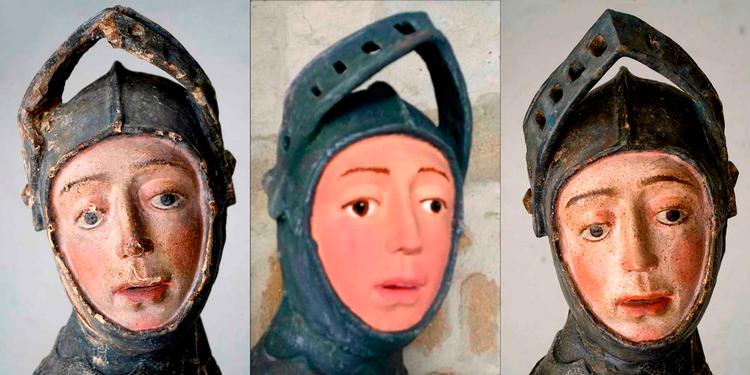 Fra højre ses statuen af Sankt Jørgen før restaureringen, efter restatureringen og sidst, som den ser ud i dag. Foto: AFP/Ritzau Scanpix