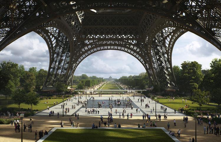Borgmester Anne Hidalgo er ikke bange for at røre ved flere af Paris' arkitektoniske ikoner for at gøre byen grønnere. Her er det illustreret, hvordan området ved Eiffel-tårnet kan komme til at se ud. Foto: Gustafson Porter + Bowman