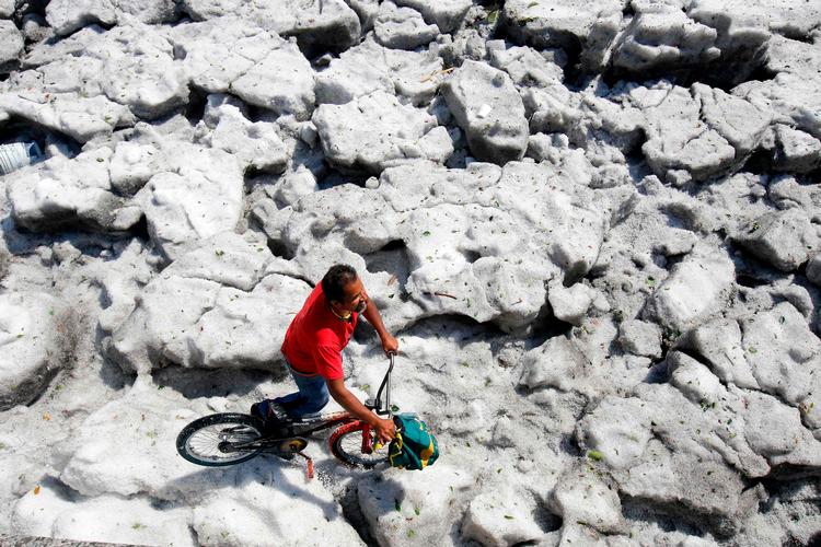 
Mange gader var fuldstændig ufremkommelige på grund af hagldyngerne. Men så må man jo prøve at komme frem på sin icebike
   Foto: Ulises Ruiz/Ritzau Scanpix