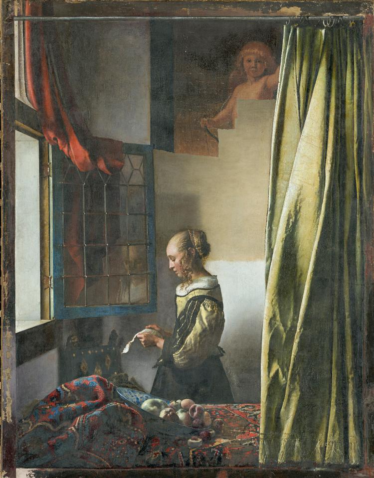 På bagvæggen kommer Amor nu til syne under overmalingen i Vermeers maleri ’En ung kvinde læser et brev ved et åbent vindue’ (1657-1659). Foto: Staatliche Kunstsammlungen Dresden
