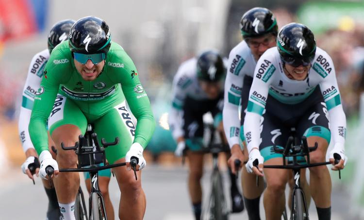 Peter Sagan optræder allerede i fuldt grønt dress, selv om trøjen foreløbig kun er til låns.
 Foto: Christian Hartmann/Ritzau Scanpix
