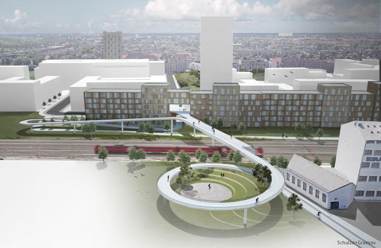 En ny sneglebro, der krydser jernbanen, skal i fremtiden binde det voksende Valby sammen, hvis det står til Valby Lokaludvalg. Illustration: Schulze+Grassov 