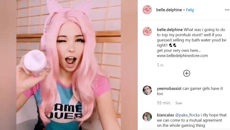 30 dollars er tilsyneladende ikke for meget for gammelt badevand. Belle Delphine melder i hvert fald udsolgt. Screendump fra Belle Delphines profil på Instagram Screendump fra Belle Delphines profil på Instagram 