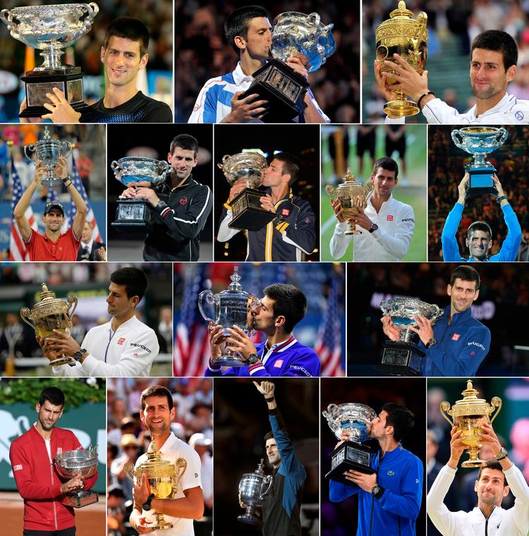 16 gange har Novak Djokovic løftet et grand slam-trofæ, og den 32-årige serber kan måske nå at overhale både Rafael Nadal (18) og Roger Federer (20) i det kapløb.
   Foto: Torsten Blackwood, Paul Crock, G/Ritzau Scanpix