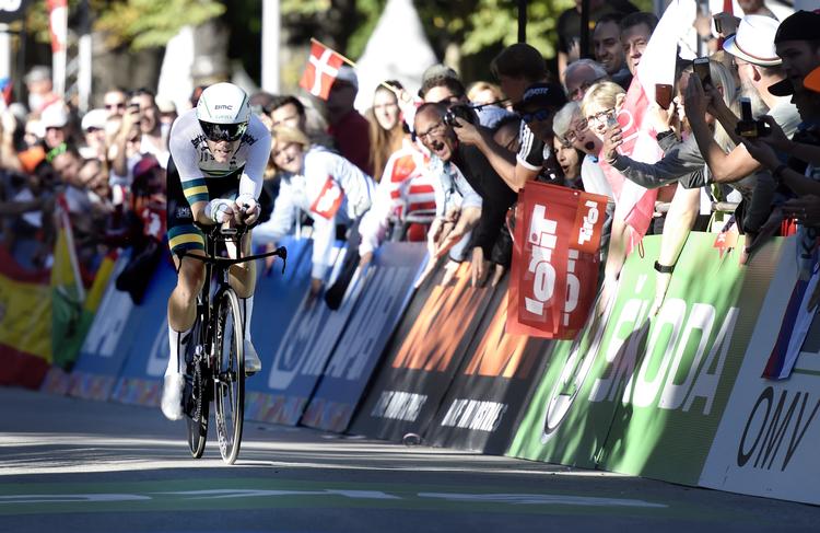 Rohan Dennis fra Australien var suveræn på enkeltstartsruten ved VM 2018 i Østrig, hvor han vandt med mere end et minut. Torsdag forlod han pludselig Tour de France. Foto: Tariq Mikkel Khan/POLFOTO