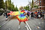 Drag queen Jaxie Bearcunt, deltog i Copenhagen Pride Parade sidste år. Mange vil gerne deltage i den årlige parade, men på grund af sikkerheden, er der kun plads til cirka 50 lastbiler og 10.000 mennesker. De har været igennem en screening, og Copenhagen Pride har siet dem fra, der »har hensigter, der ikke har noget med LGBT+ at gøre«. Foto: Philip Davali/DAVALI PHILIP
