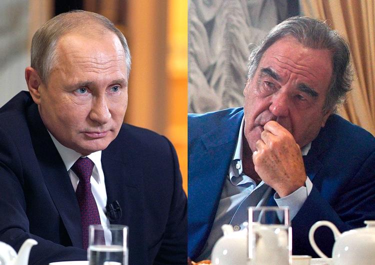 Den amerikanske filminstruktør Oliver Stone og den russiske præsident Vladimir Putin har jævnligt mødt hinanden de senere år foran kameraer. 19. juni skete det igen i Kreml.  Kollage. Arkivfoto Sputnik og Alexey Druzhinin