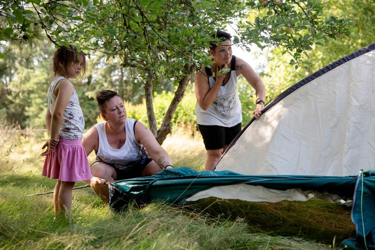 5-årige Saga Halling ser nysgerrigt og lidt utålmodigt til, mens hendes mødre kæmper med at få teltet til at stå. Det er første gang, hun er på "ægte" telttur.  Foto: Emma Sejersen/POLFOTO