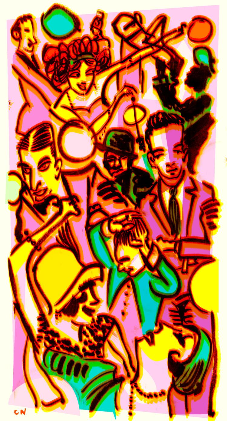  'Den store Gatsby' er blevet berømt for at indkapsle 1920’ernes desperate sorgløshed, pengene, festerne og jazzen. Tegning Claus Nørregaard