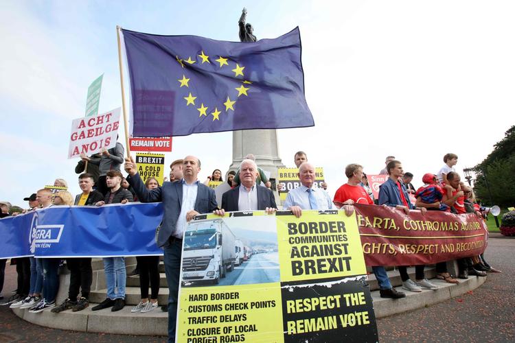 Modstandere af brexit 
demonstrerer i Belfast ifm. Johnsons besøg. Foto: Paul Faith/Ritzau Scanpix