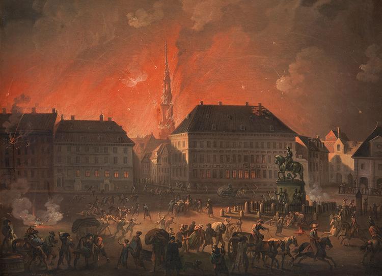 Illustration C.A. Lorentzen. Den rædsomste Nat: Kongens Nytorv under bombardementet natten mellem 4. og 5. september 1807/SMK