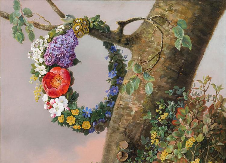 Illustration Christine Løvmand: En buket blomster ved foden af et træ. På en gren hænger en blomsterkrans/SMK