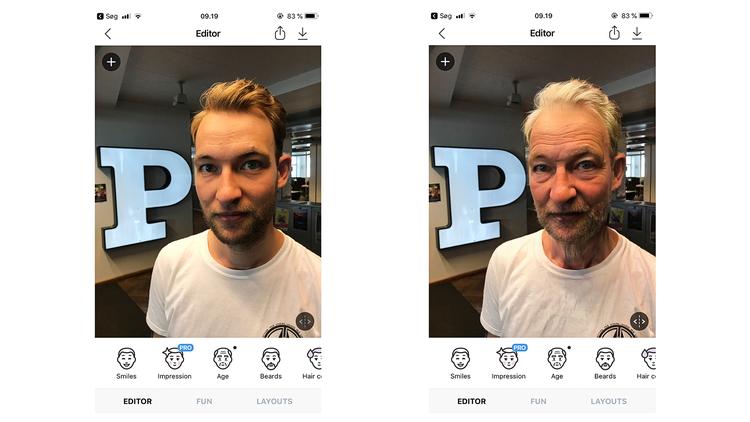 Når Politikens journalist Alexander Sjöberg bruger Faceapp til at få et glimt af, hvordan han vil forandre sig med alderen, har han samtidig betalt ved at sende endnu flere data ind i et relativt ukendt russisk firmas store billeddatabase. Foto: Alexander Sjöberg/ Faceapp/Alexander Sjöberg/ Faceapp