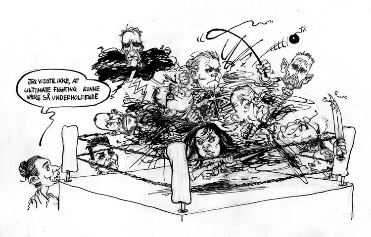 Mette Frederiksen, Pia Olsen Dyhr, Jacob Ellemann Jensen, Bertel Haarder, Troels Lund Poulsen, Inger Støjberg, Lars Løkke Rasmussen, Kristian Jensen, Claus Hjort Frederiksen, Sophie Løhde Tegning Roald Als