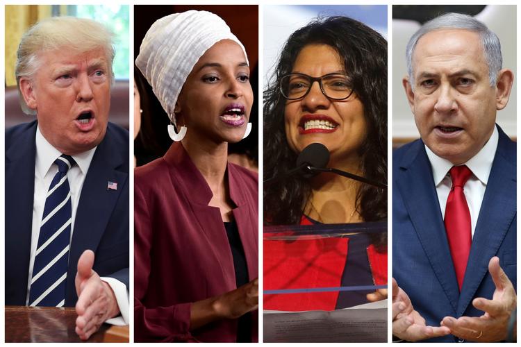 Præsident Donald Trump, kongresmedlemmerne Ilhan Omar og Rashida Tlaib og premierminister Benjamin Netanyahu er hovedpersonerne i Israels indrejseforbud mod Omar og Tlaib. Foto: Reuters File Photo/Ritzau Scanpix