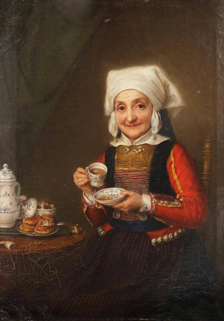 Illustration Frederikke Westphal: ’En kone i Ostenfelder-dragt nyder kager og drikker kaffe af det musselmalede kaffestel’, 1860. Sønderborg Slot