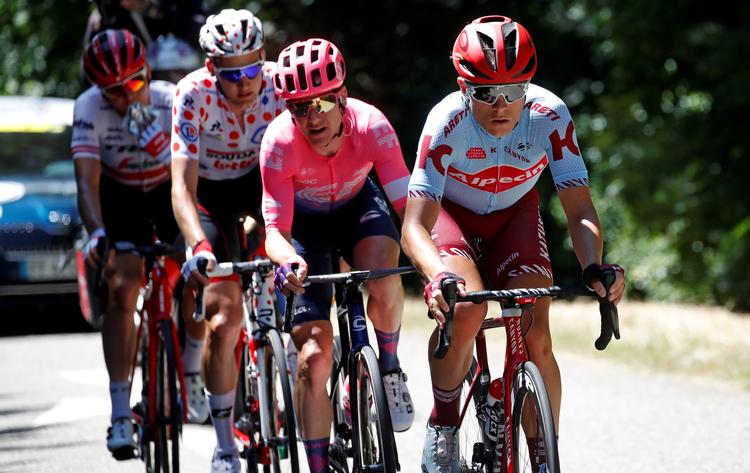 Mads Würtz Schmidt (forrest) var særdeles aktiv på flere etaper i årets Tour de France, og nu skal det vise sig, om formen rækker til at hævde sig blandt de bedste på de hjemlige landeveje.

 Foto: Christian Hartmann/Ritzau Scanpix