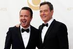 Her ses de to hovedrolleindehavere fra serien, Aaron Paul (venstre) and Bryan Cranston på den røde løber. Foto: Mario Anzuoni/Ritzau Scanpix