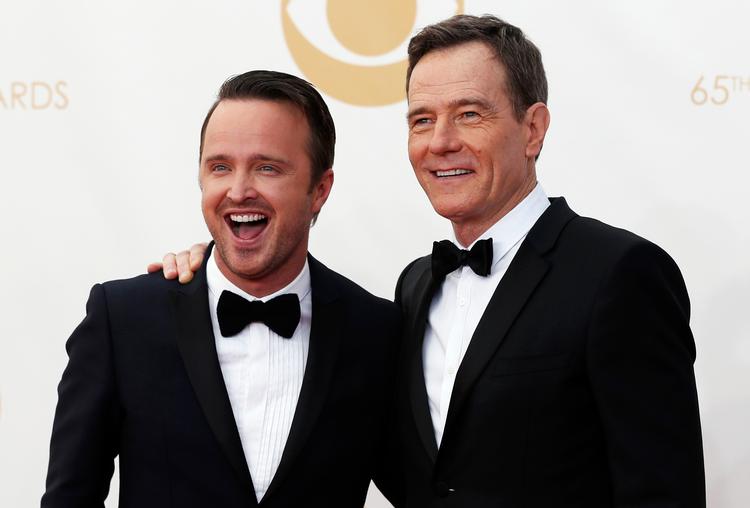 Her ses de to hovedrolleindehavere fra serien, Aaron Paul (venstre) and Bryan Cranston på den røde løber. Foto: Mario Anzuoni/Ritzau Scanpix