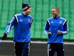 Nicklas Bendtner og Mathias 'Zanka' Jørgensen har delt en masse minder med landsholdet - som her i marts 2015 - og får nu også det til fælles, at de har spillet for FCK.
   Foto: Lars Poulsen/POLFOTO
