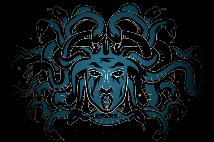 Medusa. En af stjernerne i stjernebilledet Perseus hedder Algol. Navnet stammer fra arabisk, ‘ra’s al-ghul’, der igen betyder Dæmonens Hoved. Ifølge legenden, huggede Perseus Medusas hoved af med sit sværd, og holder det nu i sin ene hånd. Så finder du Algol, finder du Medusas hoved. Grafik: Jens Mørch 