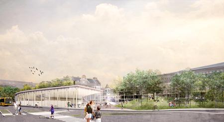 Det er planen, at den nye Toftegårds Plads skal sno sig op på taget af det nye bibliotek.  Foto: Tegning: Schønherr/Rolvung og Brøndsted – Foto: N/A