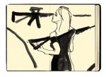 'Agency hostesses stand on display alongside weapons' er titlen på dette værk af Jill Gibbon. Foto: Jill Gibbon