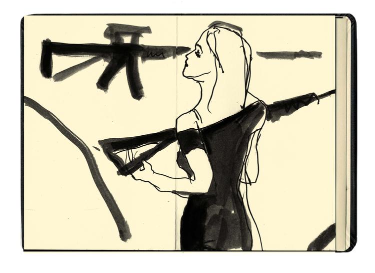 'Agency hostesses stand on display alongside weapons' er titlen på dette værk af Jill Gibbon. Foto: Jill Gibbon