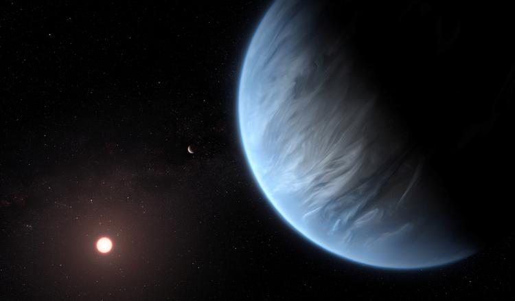 Den amerikanske rumorganisation Nasa har fremstillet denne illustration af planeten K2-18b, dens sol og en ledsagende planet.  Foto: Nasa/Ritzau Scanpix