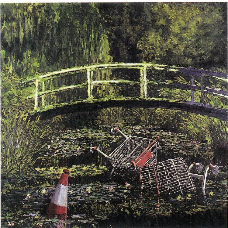 Banksy har druknet Monets berømte åkander i indkøbsvogne. Som Asger Jorn kaprer han fortidige værker og giver dem sit eget twist. (Banksy: 'Show Me the Monet', 2015. Malet på Monets maleri af gangbroen i Giverny, 1899).

 Foto: Banksy/Private Collection/Museum Jorn
