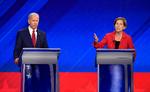 Tidligere vicepræsident Joe Biden og senator Elizabeth Warren mødte for første gang hinanden i demokraternes tredje præsidentdebat torsdag i Houston, Texas.  Foto: Robyn Beck/Ritzau Scanpix