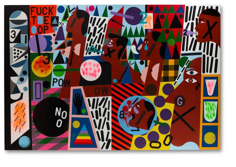 Nina Chanel Abney er en relativt ny kunstner, der ofte udforsker race, køn, popkultur, homofobi og politik i sit arbejde. Det gør hun også her i 'Untitled (FUCKT*E*OP)'. Foto: Bonhams