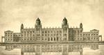 Hvis det havde stået til Theophilus Hansen, var den nye rigsdagsbygning blevet opført ud til Københavns havn på det sted, hvor Det Kongelige Bibliotek nu ligger, og den ville have haft denne østerlandske fremtoning. Tegning fra 1884-85. Foto: Niels Gravesen, Rigsarkivet