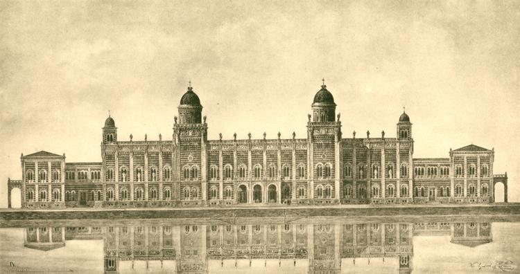 Hvis det havde stået til Theophilus Hansen, var den nye rigsdagsbygning blevet opført ud til Københavns havn på det sted, hvor Det Kongelige Bibliotek nu ligger, og den ville have haft denne østerlandske fremtoning. Tegning fra 1884-85. Foto: Niels Gravesen, Rigsarkivet