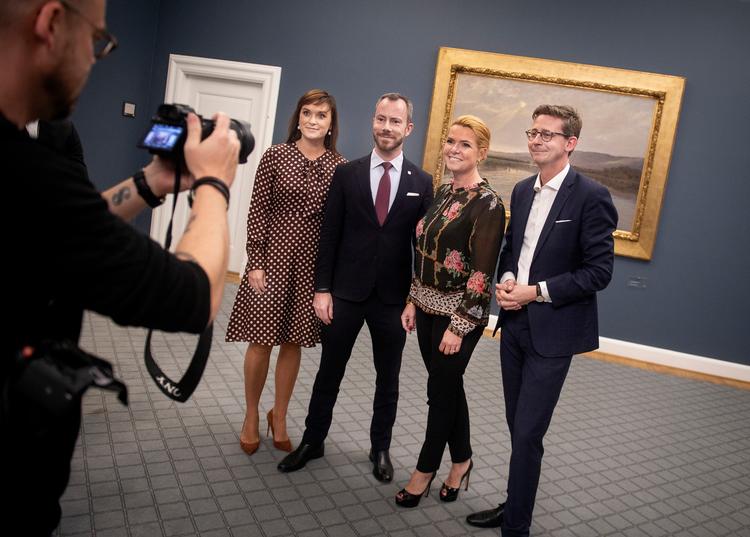 Jakob Ellemann-Jensen, Sophie Løhde, Karsten Lauritzen og Inger Støjberg er den nye top i Venstre. Foto: Liselotte Sabroe/Ritzau Scanpix