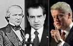 I 1868 blev Abraham Lincolns efterfølger, Andrew Johnson, tiltalt og frifundet i en sag, der drejede sig om overtrædelse af reglerne i forbindelse med Johnsons fyring af sin krigsminister, Edwin M. Stanton.
I 1999 blev Bill Clinton i en rigsretssag frifundet for anklager om mened og forsøg på at påvirke en efterforskning. Anklagen mod ham var rejst på baggrund af den såkaldte Lewinsky-affære - Bill Clintons seksuelle forhold til en praktikant i Det Hvide Hus.
Præsident Richard M. Nixon lænede sig i forbindelse med Watergate-affæren op ad en rigsretssag. Men han trak sig fra præsidentembedet i 1974, inden sagen mod ham blev rejst. Foto: Paul J. Richards, Ho, Matthew Br/Ritzau Scanpix