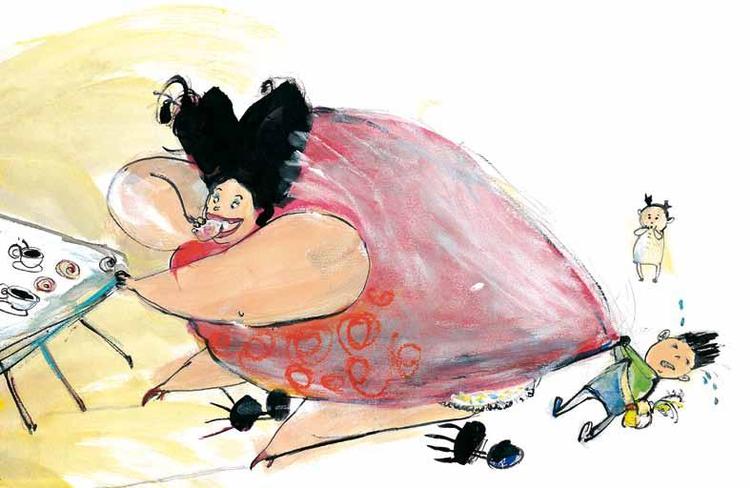 Mor er tyk som en elefant i Kim Fupz Aakesons klassiske børnebog 'Mor', hvor den lille dreng skammer sig over hende. Fordi han mærker omverdenens fordømmelse. Det værste er forældremøderne, hvor Mor rydder kagebordet. Illustration fra bogen: Mette-Kirstine Bak  Illustration Mette-Kirstine Bak. Fra hendes og Kim Fupz Aakesons børnebog 'Mor'